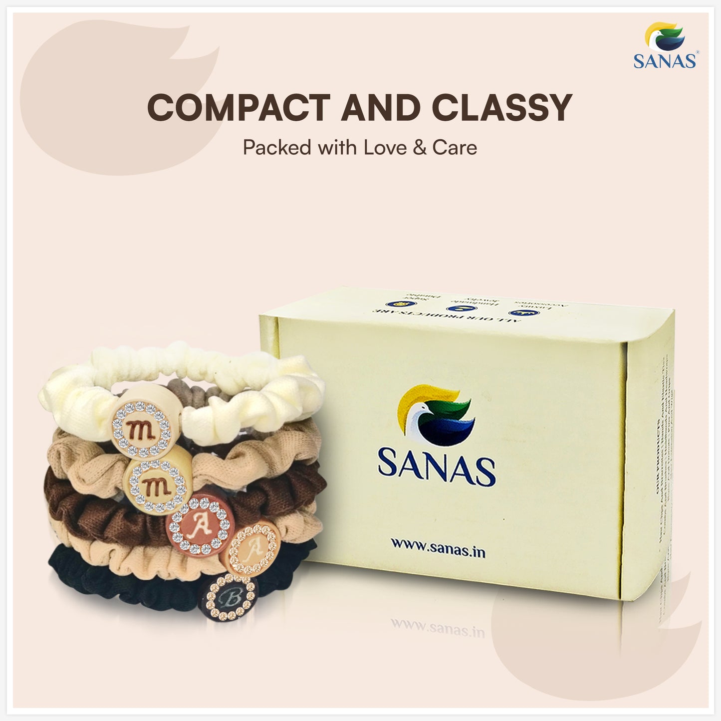 SANAS Hair Scrunchies for Women 5 Pcs | Cotton Scrunchie Set with Alphabet Stone Charms | Stylish Hair Ties & Accessories