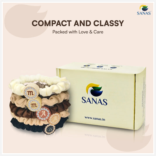 SANAS Hair Scrunchies for Women 5 Pcs | Cotton Scrunchie Set with Alphabet Stone Charms | Stylish Hair Ties & Accessories
