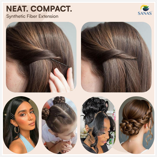 SANAS synthetic fiber extension product display with hair styling examples.
