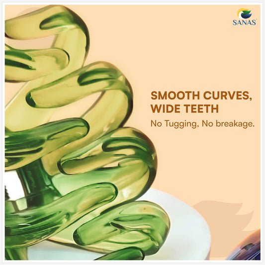 Green dental floss with text on a beige background, featuring the SANAS brand.