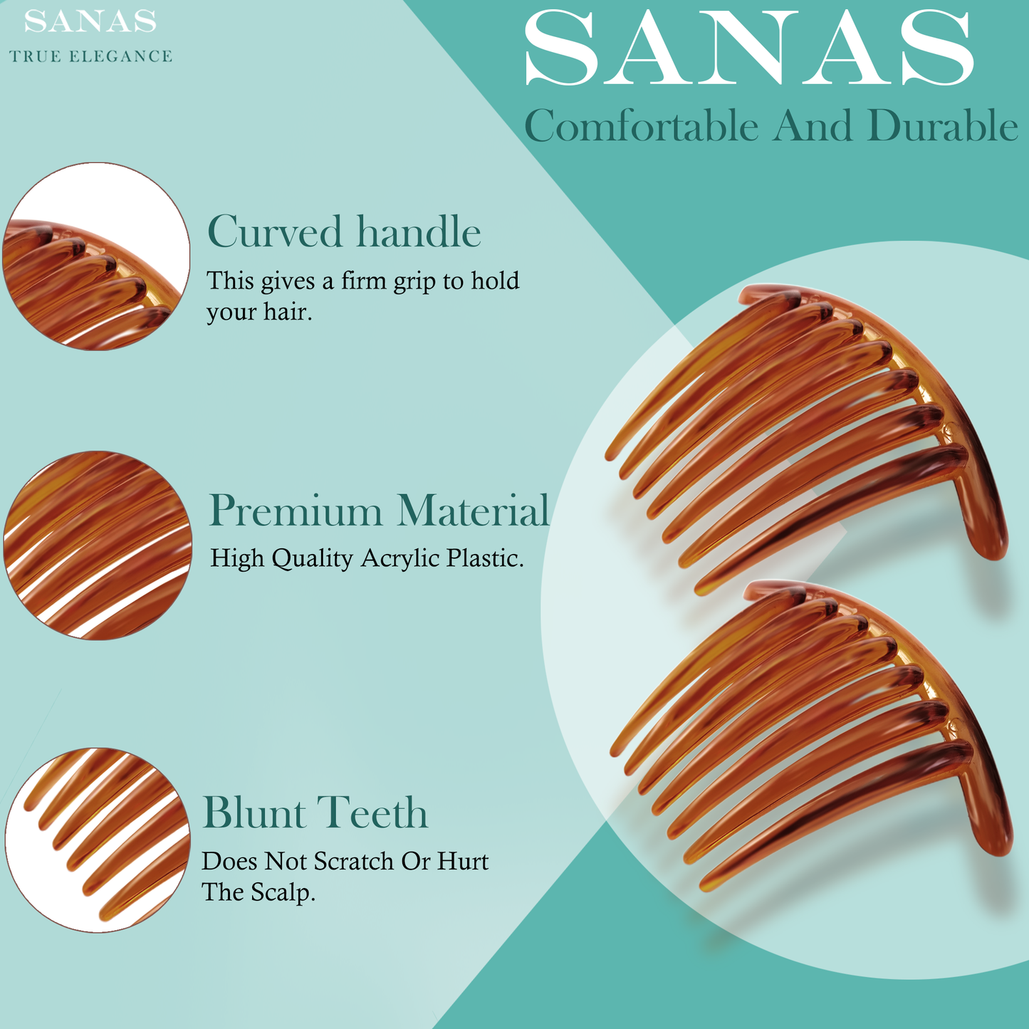 Sanas Wide Tooth Comb For Women Hair - 2Pc (Dark Brown)