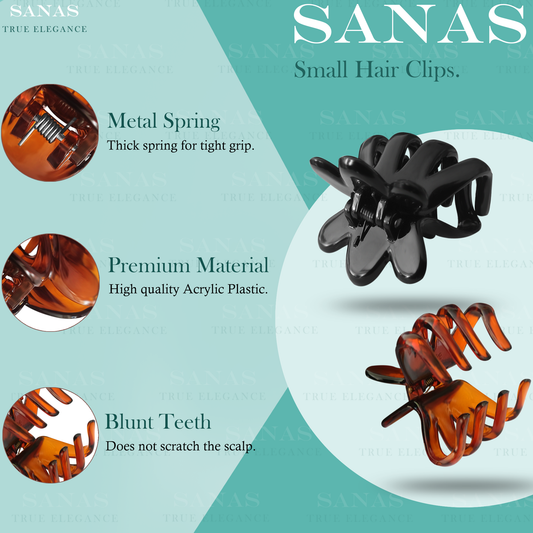 SANAS small hair clips with features highlighted on a teal background