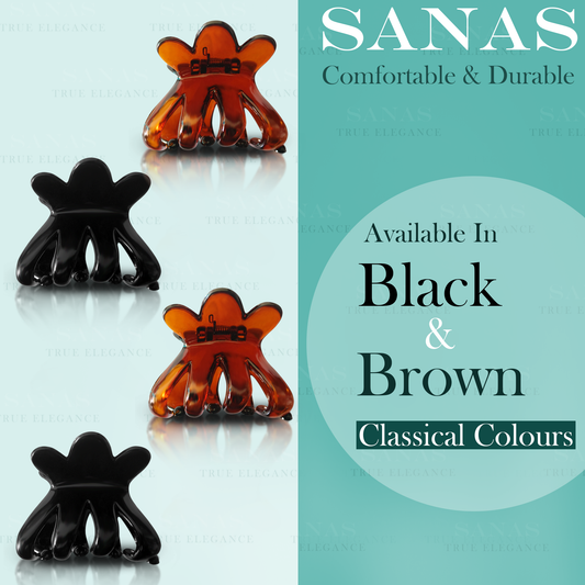 Three hair clips in black and brown on a white background with 'SANAS' branding.