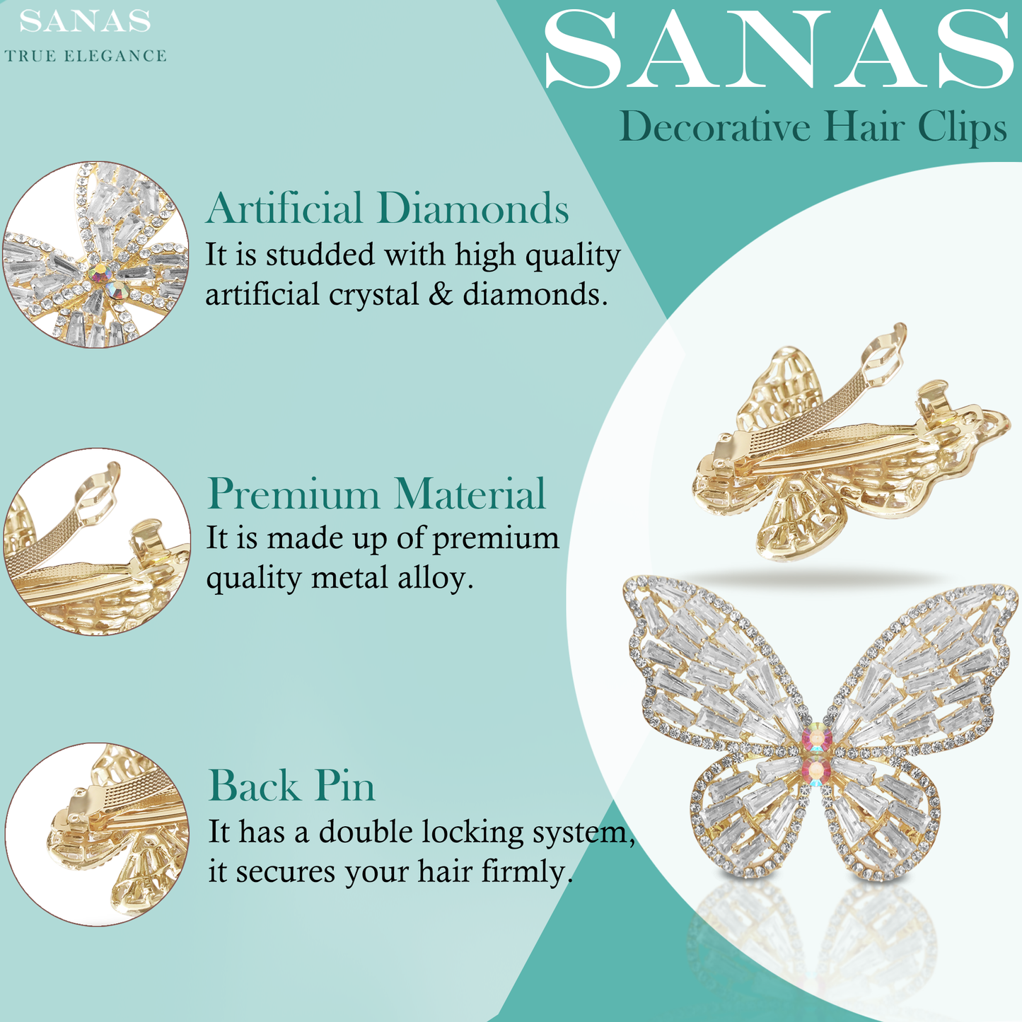 Sanas Crystal Butterfly Hair Clip - 1Pc
