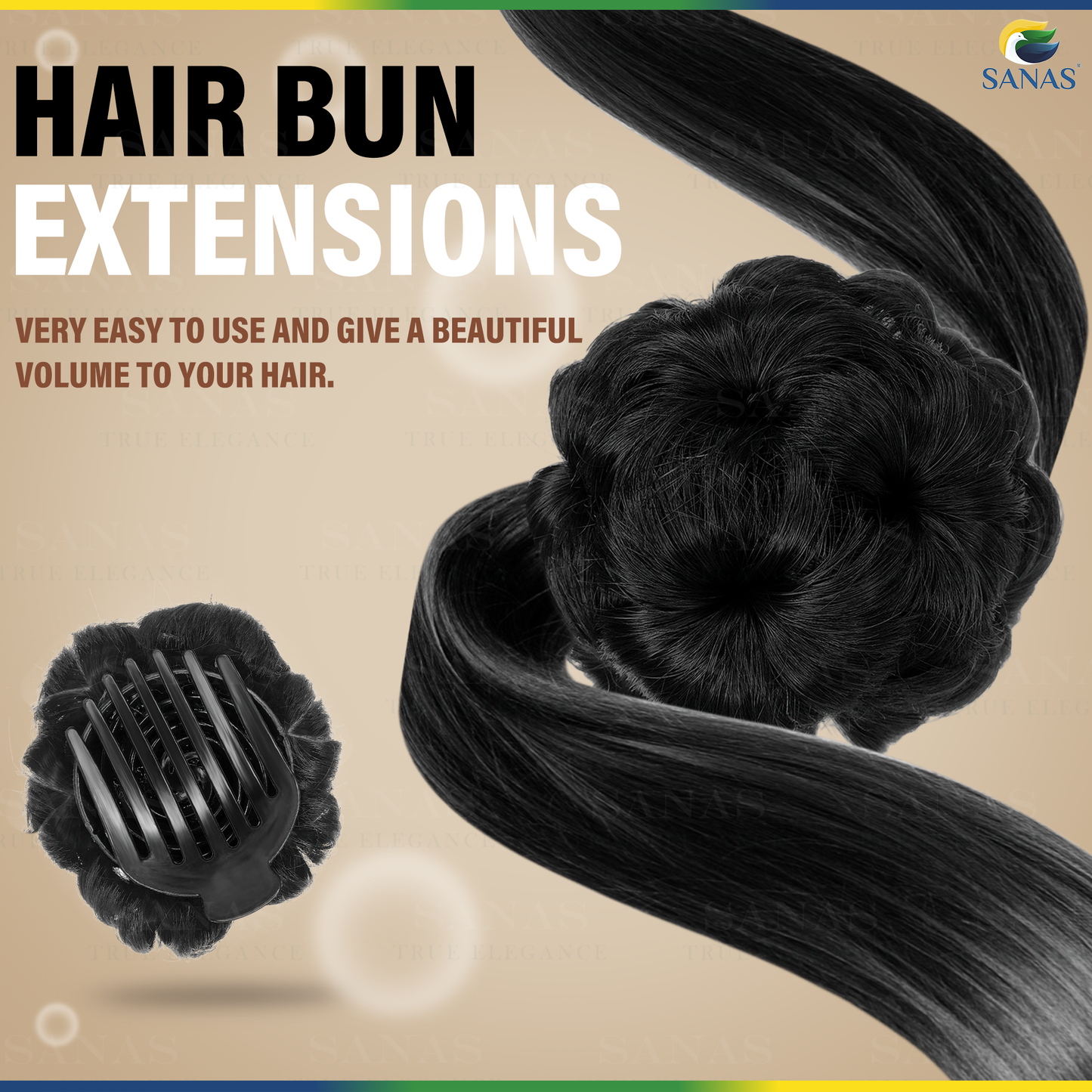 Hair bun extensions with a bun maker on a beige background, featuring the brand 'SANAS'.