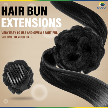 Hair bun extensions with a bun maker on a beige background, featuring the brand 'SANAS'.