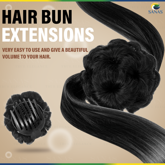 Hair bun extensions with a bun maker on a beige background, featuring the brand 'SANAS'.