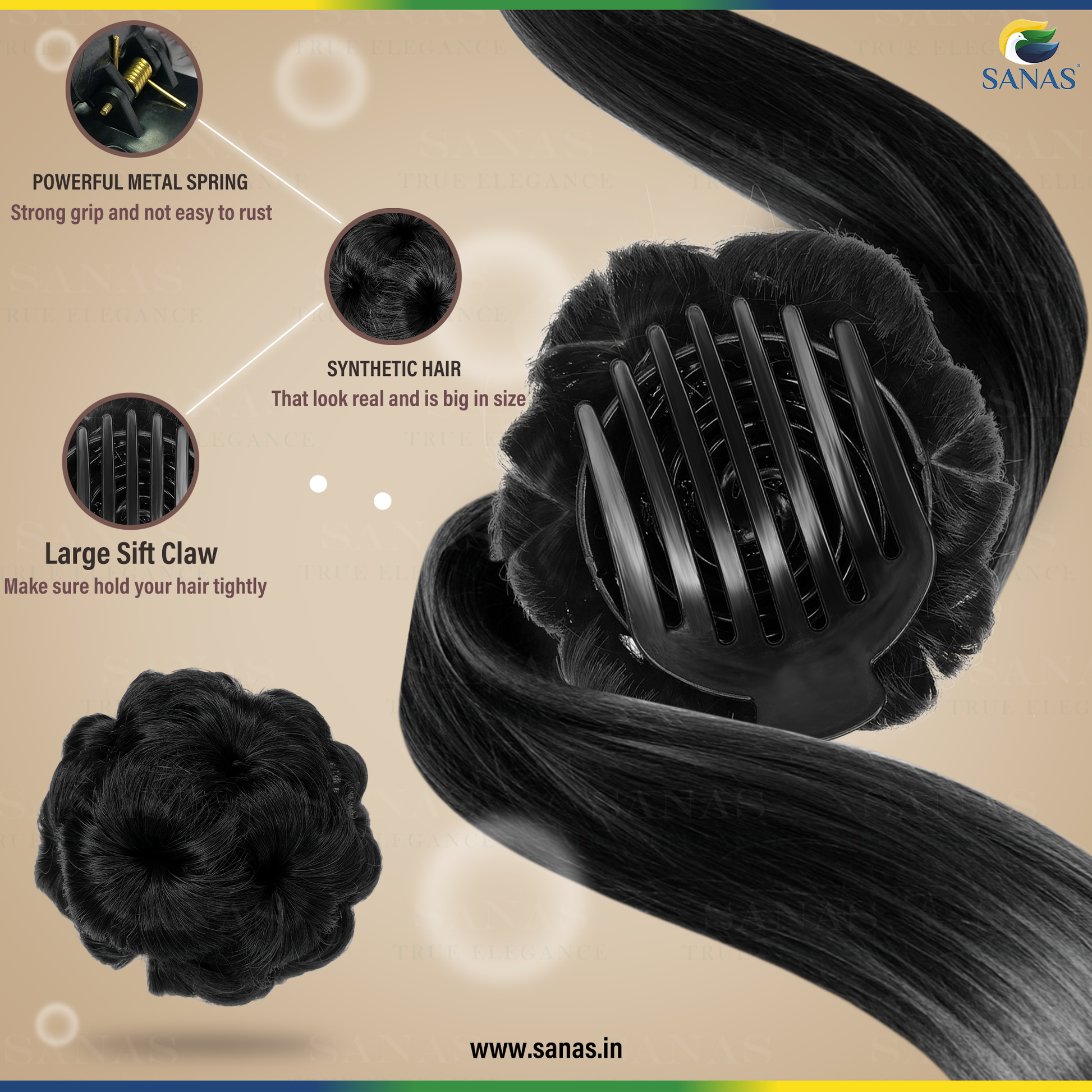 Hair styling product with synthetic hair, metal spring, and large sift claw on a beige background.