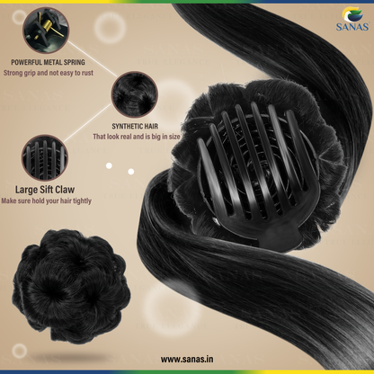 Hair styling product with synthetic hair, metal spring, and large sift claw on a beige background.