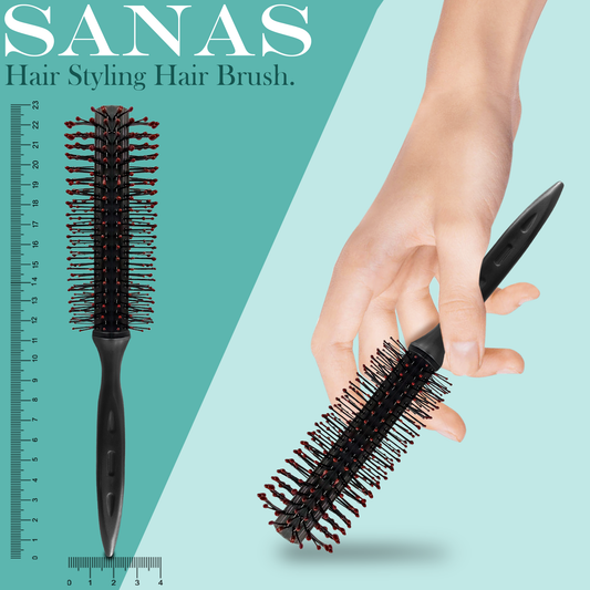 Black round hair dryer styling brush with soft bristles