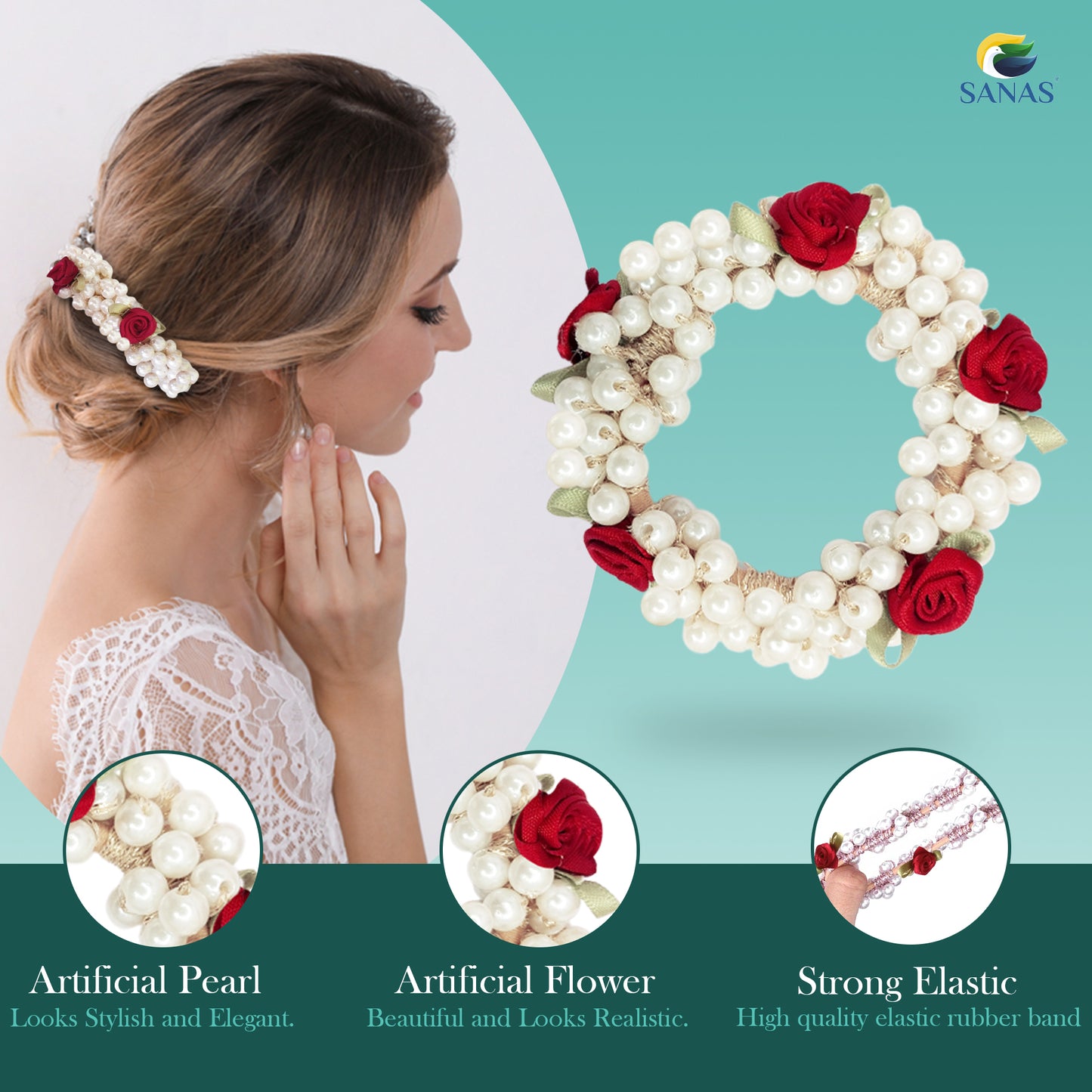 Sanas Pearl Flower 5Pcs Rubber Band - 5Pcs Hair Accessories