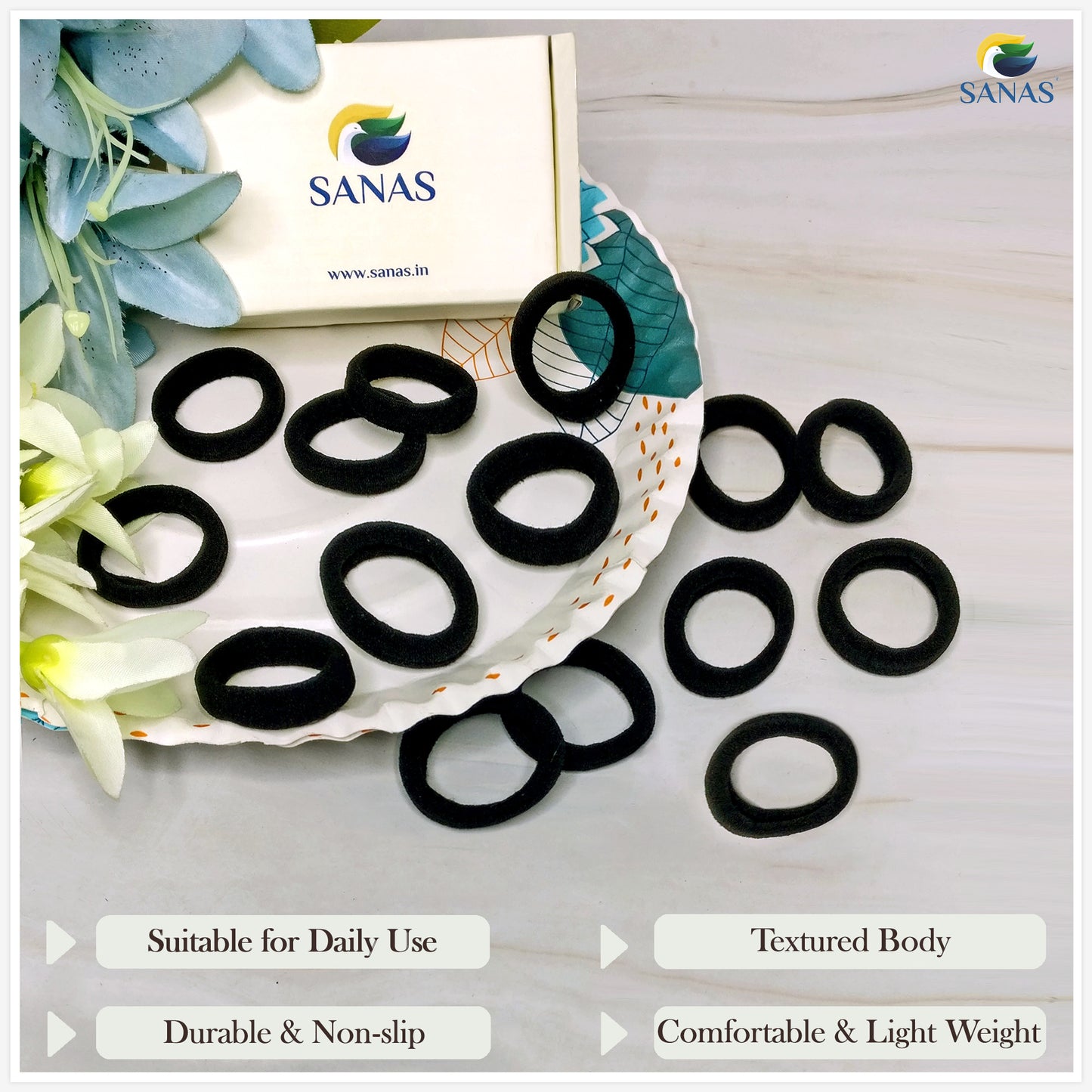 Sanas black hair ties elastic – reliable rubber bands, pack of 36