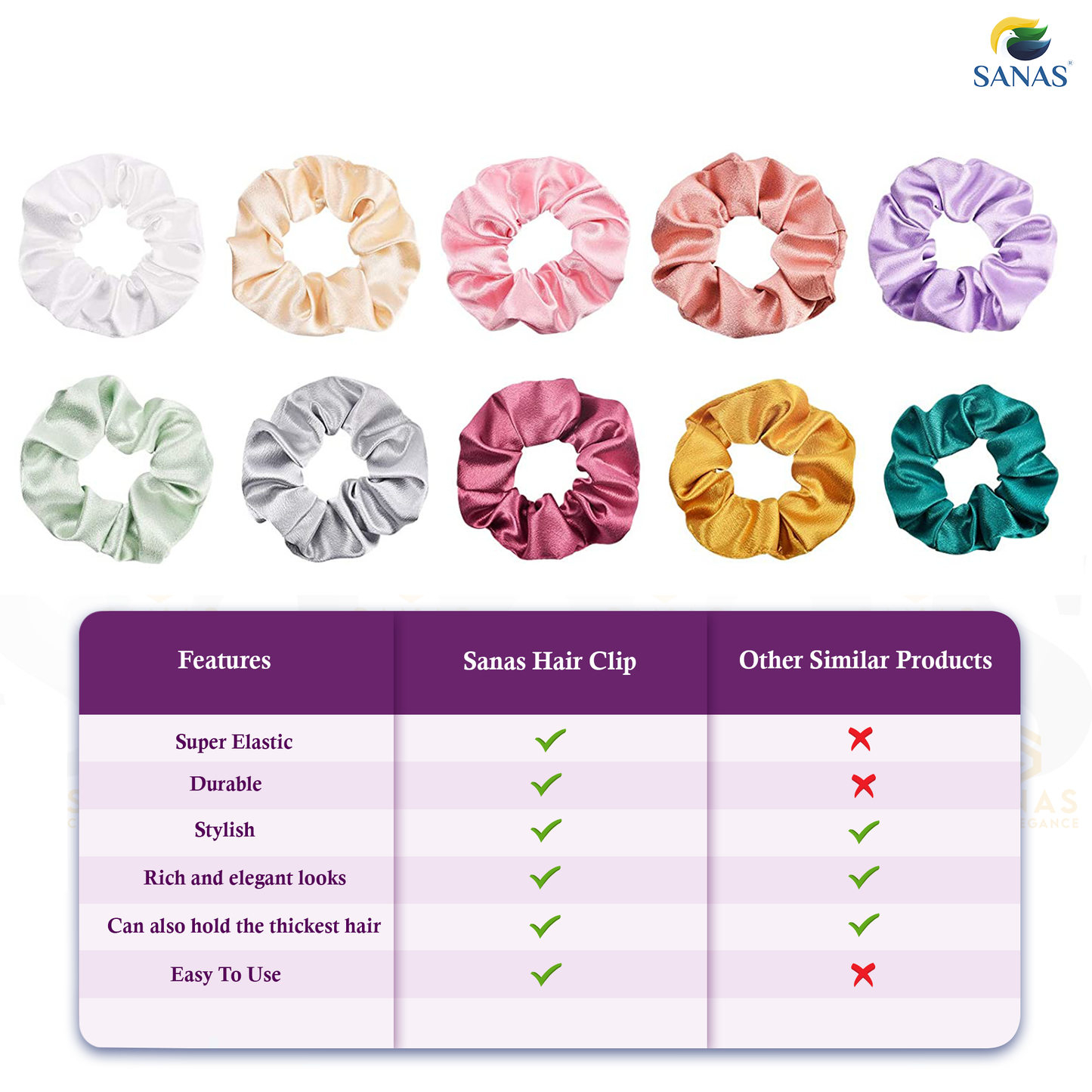 Sanas Scrunchies Satin Silk Combo 12 Pcs