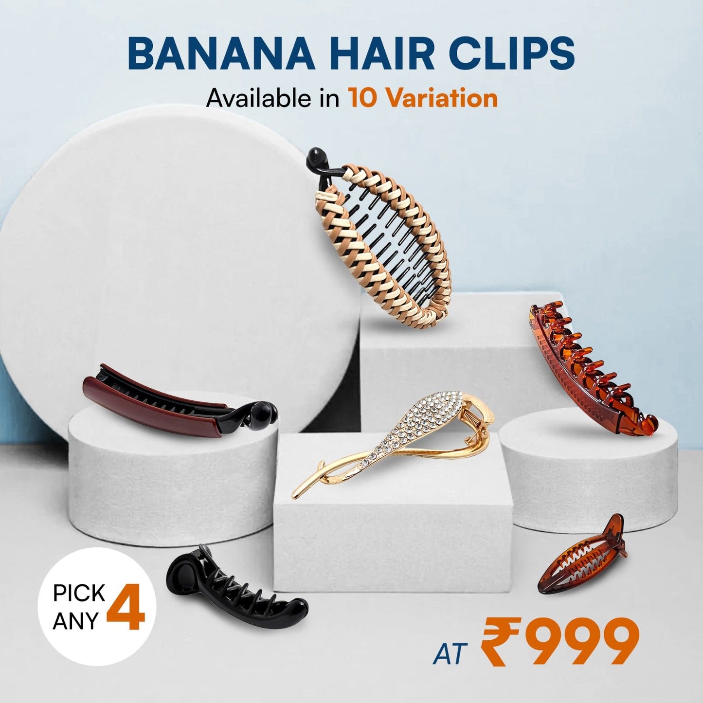 SANAS Premium Banana Clip for Women – Strong Hold Banana Hair Clip for Thick, Thin & Curly Hair, Fancy Fishtail & Korean Style Banana Clutcher (Pick Any 4)