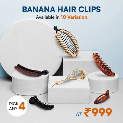 SANAS Premium Banana Clip for Women – Strong Hold Banana Hair Clip for Thick, Thin & Curly Hair, Fancy Fishtail & Korean Style Banana Clutcher (Pick Any 4)