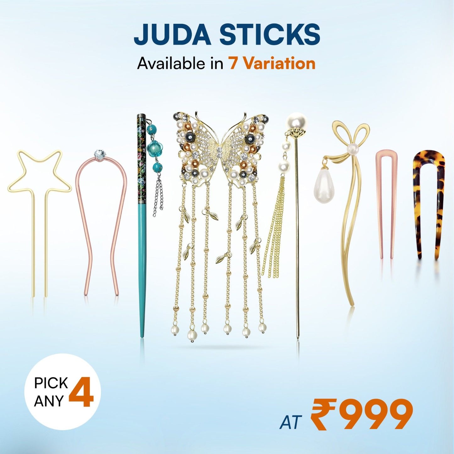 Sanas Juda Stick Set – Pick Any 4 Hair Stick for Bun | French Pins for Hair, Metal & Wooden Hair Stick, Pearl Hair Pin & Bun Holder for Hair | Elegant Hair Sticks for Bun & French Twist Styling for Women