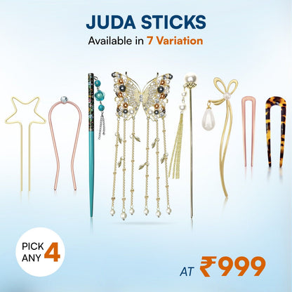 Sanas Juda Stick Set – Pick Any 4 Hair Stick for Bun | French Pins for Hair, Metal & Wooden Hair Stick, Pearl Hair Pin & Bun Holder for Hair | Elegant Hair Sticks for Bun & French Twist Styling for Women