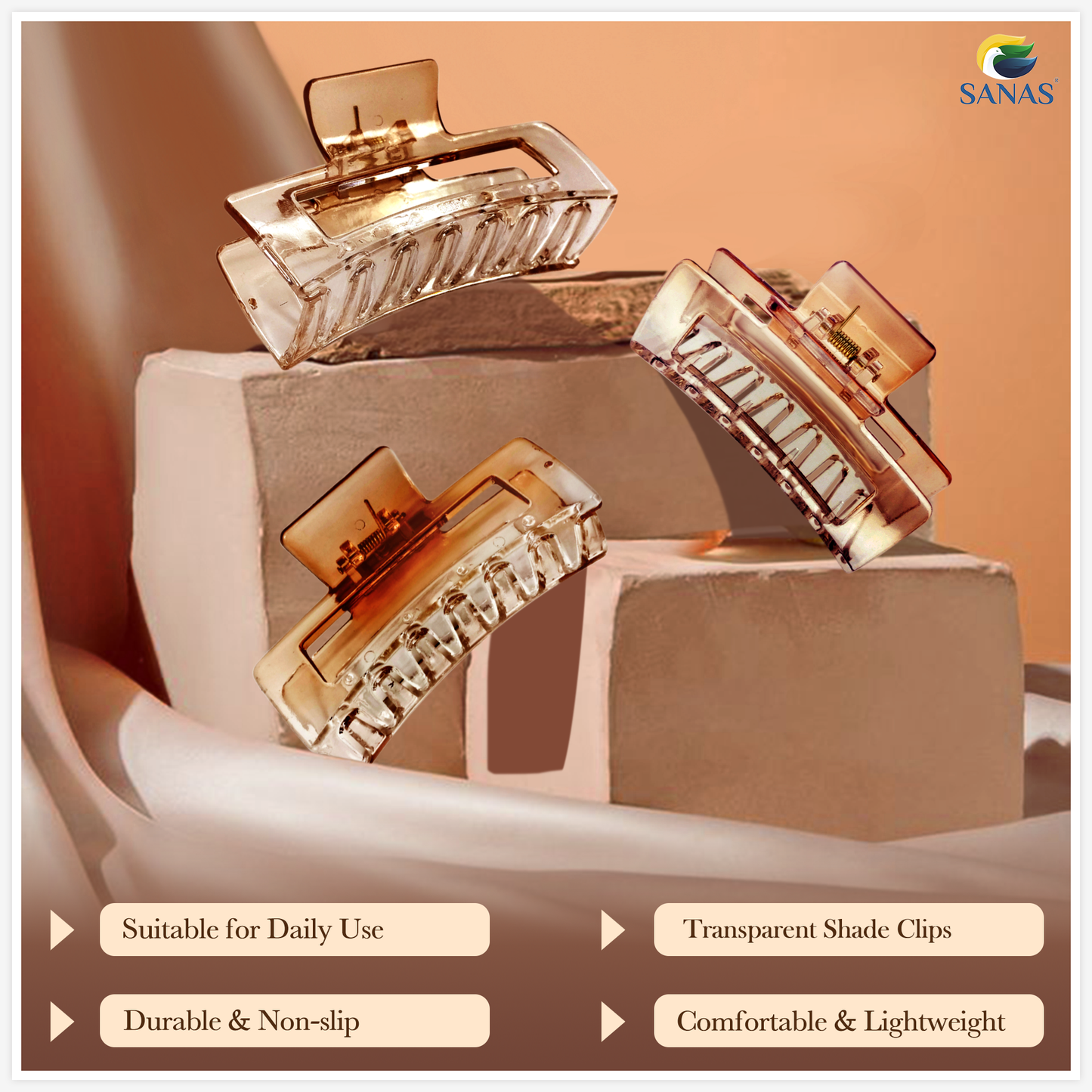 Transparent rectangle claw clips for women – Sanas 3 pcs