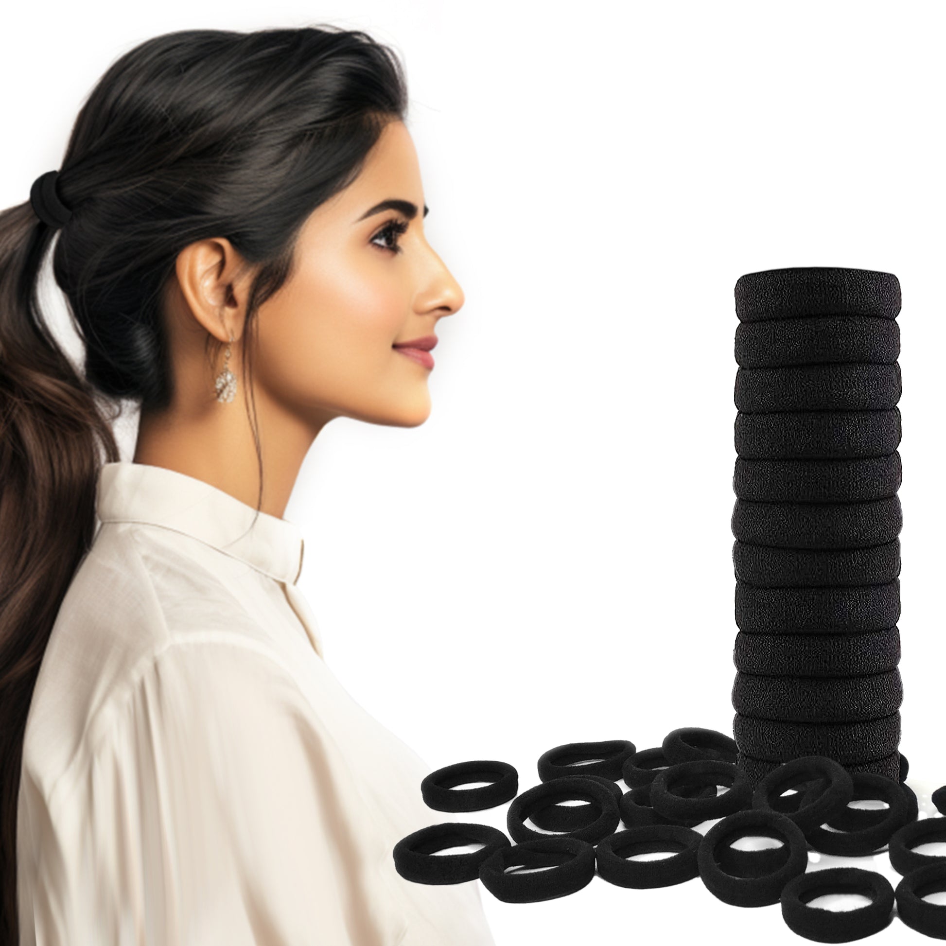 "Set of black elastic hair ties stacked together, with an example of a woman wearing a sleek ponytail secured by one of the hair ties. The hair ties are thick, durable, and ideal for holding hair securely in place."