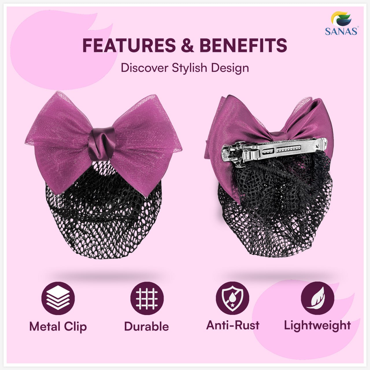 Satin bow hair clip with juda bun net for women