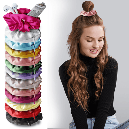 Sanas Satin Hair Scrunchies with Zip Lock for Storage - 12Pcs