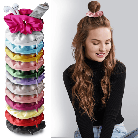 Sanas Satin Hair Scrunchies with Zip Lock for Storage - 12Pcs